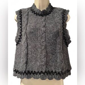 Zara Gray Fuzzy Knit Sleeveless Vest with Black Beaded Trim Scalloped Boxy M